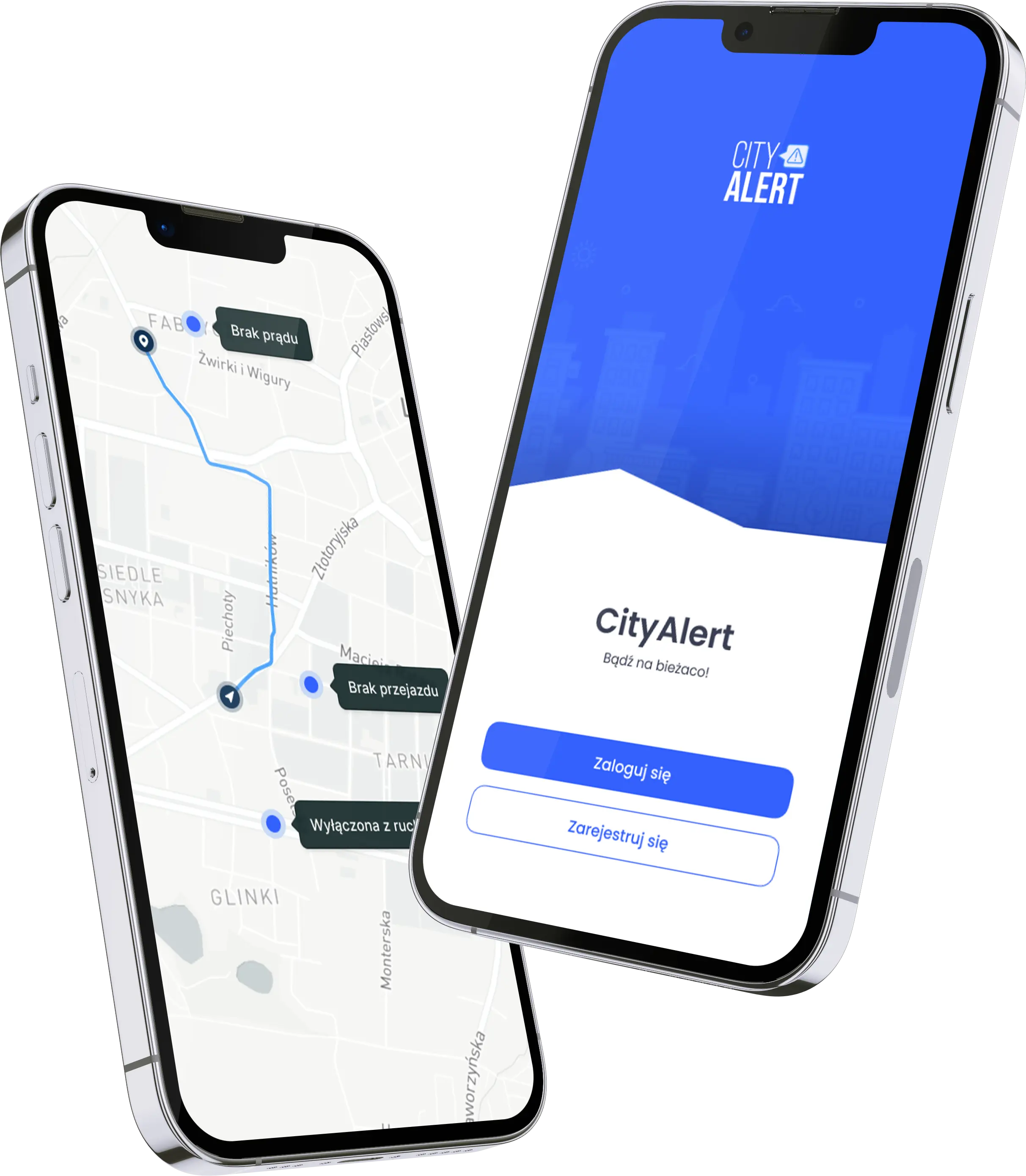 Dwa smartfony z aplikacją CityAlert – jeden pokazuje mapę z utrudnieniami, a drugi ekran logowania.