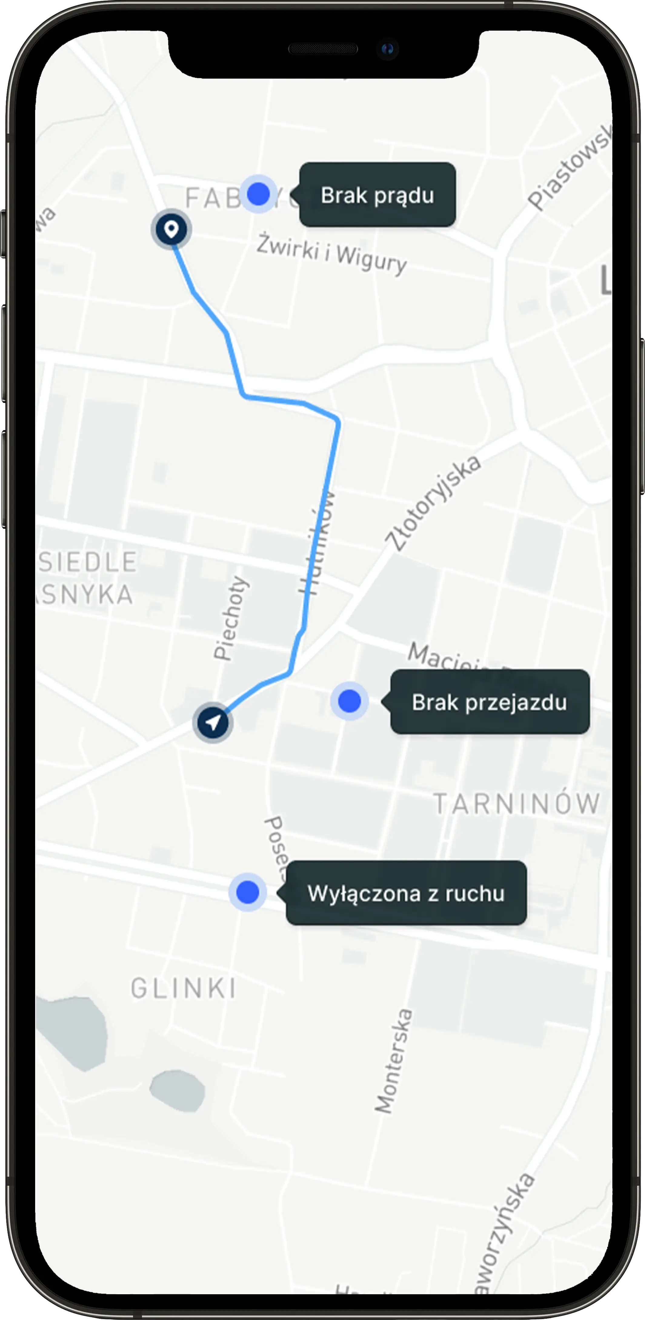 Smartfon z aplikacją CityAlert, prezentujący mapę z aktualnymi utrudnieniami.